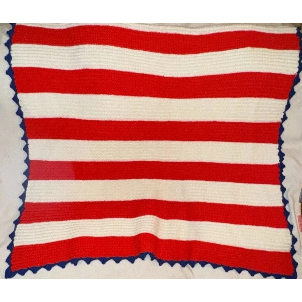 Handmade Crochet Afghan Blanket Red White Blue Patriotic Grannycore USA 42 X 76